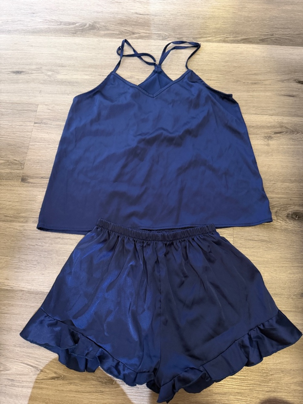 Silky Navy Women’s Cami & Ruffle Short Sleep Set